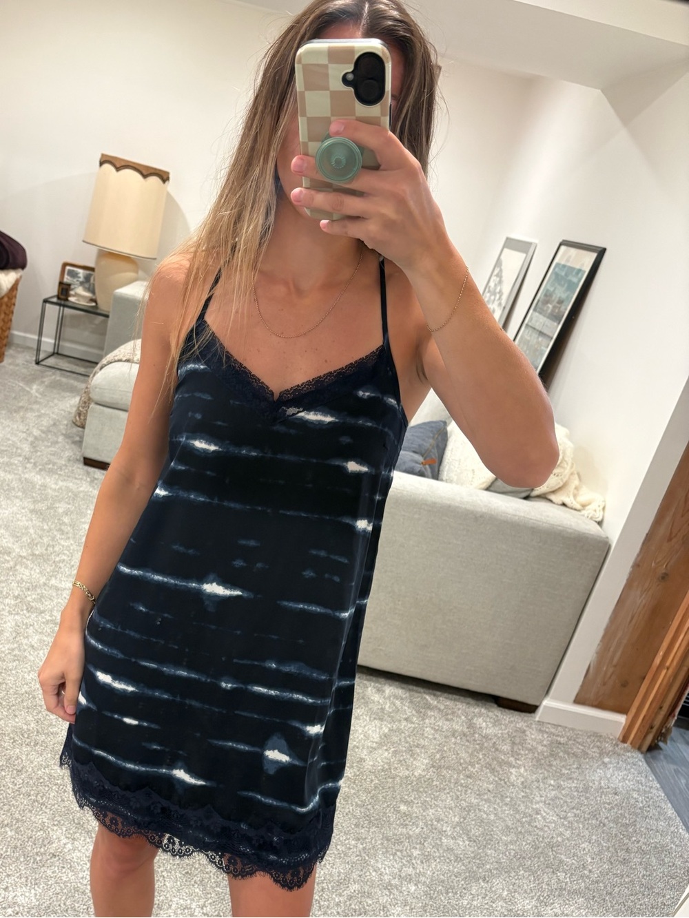 aerie Blue Tie-Dye Lace Trim Slip Dress